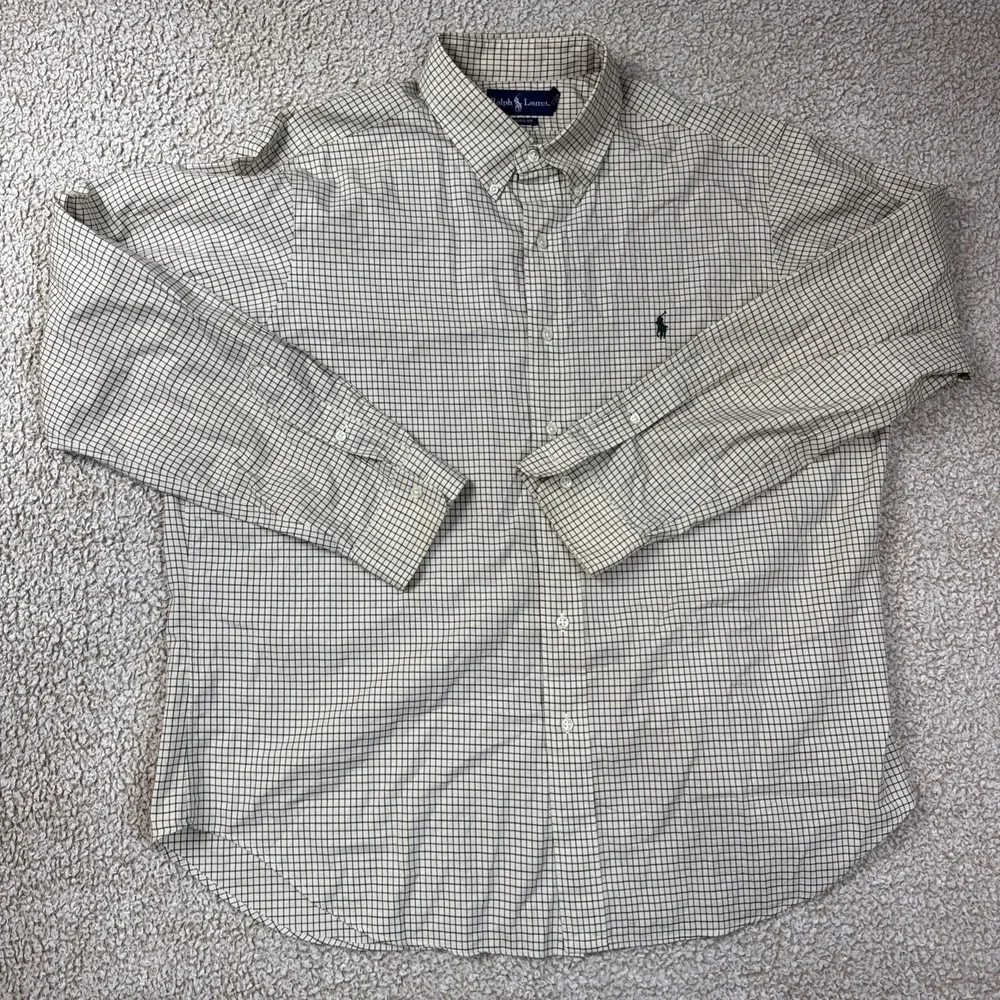 Ralph Lauren Button Down Shirt Mens XL Cream Tattersall Check Classic Fit Cotton